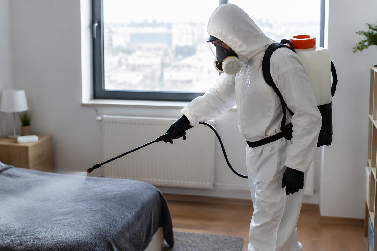 Technician in protective equipment performing biohazard cleanup and disinfection in a Los Angeles property