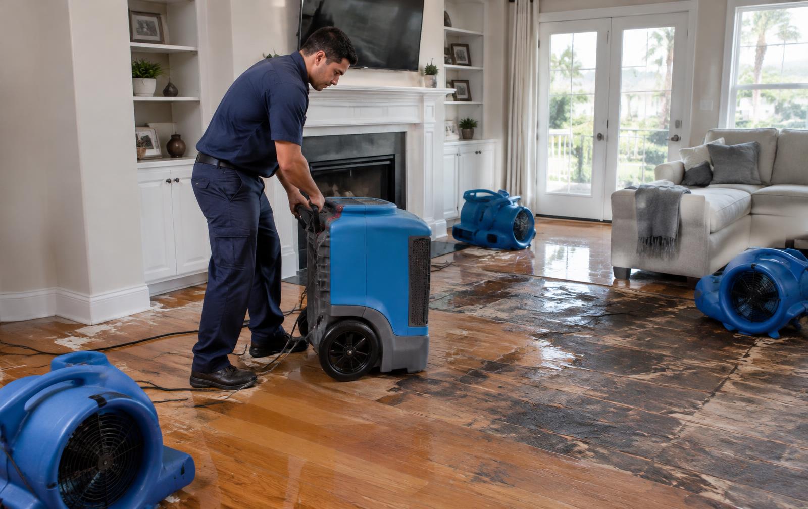 Técnico operando equipo de extracción de agua en un piso residencial inundado en Los Ángeles