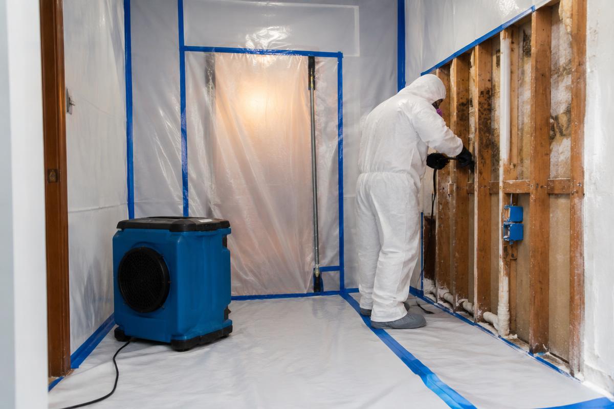 Técnico realizando remediación de moho en una propiedad de Los Ángeles